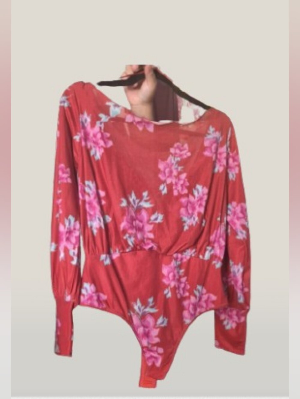 Intimately by Free People size L Red Unitard Blouse Sheer Floral Print With Lace